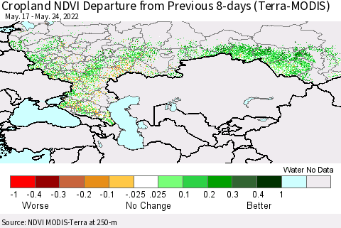 Russian Federation Cropland NDVI Departure from Previous 8-days (Terra-MODIS) Thematic Map For 5/17/2022 - 5/24/2022