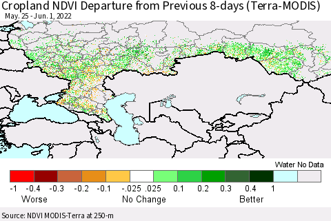 Russian Federation Cropland NDVI Departure from Previous 8-days (Terra-MODIS) Thematic Map For 5/25/2022 - 6/1/2022
