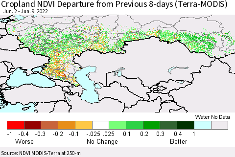Russian Federation Cropland NDVI Departure from Previous 8-days (Terra-MODIS) Thematic Map For 6/2/2022 - 6/9/2022