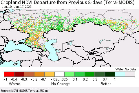 Russian Federation Cropland NDVI Departure from Previous 8-days (Terra-MODIS) Thematic Map For 6/10/2022 - 6/17/2022