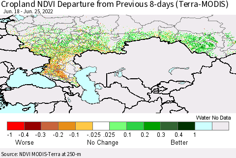 Russian Federation Cropland NDVI Departure from Previous 8-days (Terra-MODIS) Thematic Map For 6/18/2022 - 6/25/2022