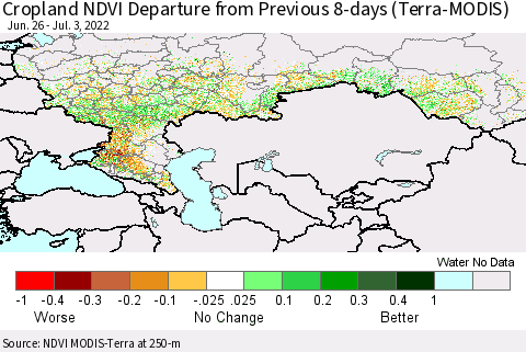 Russian Federation Cropland NDVI Departure from Previous 8-days (Terra-MODIS) Thematic Map For 6/26/2022 - 7/3/2022