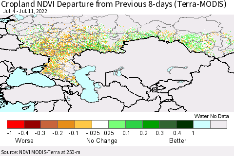 Russian Federation Cropland NDVI Departure from Previous 8-days (Terra-MODIS) Thematic Map For 7/4/2022 - 7/11/2022