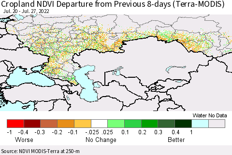 Russian Federation Cropland NDVI Departure from Previous 8-days (Terra-MODIS) Thematic Map For 7/20/2022 - 7/27/2022