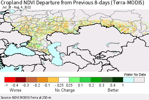 Russian Federation Cropland NDVI Departure from Previous 8-days (Terra-MODIS) Thematic Map For 7/28/2022 - 8/4/2022