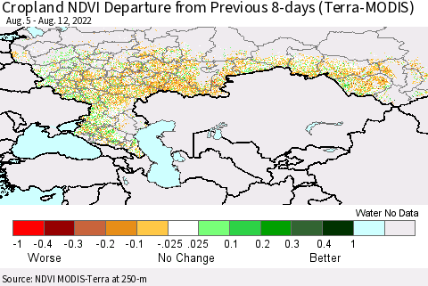 Russian Federation Cropland NDVI Departure from Previous 8-days (Terra-MODIS) Thematic Map For 8/5/2022 - 8/12/2022