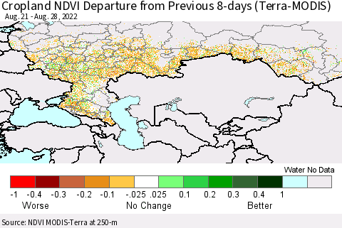 Russian Federation Cropland NDVI Departure from Previous 8-days (Terra-MODIS) Thematic Map For 8/21/2022 - 8/28/2022