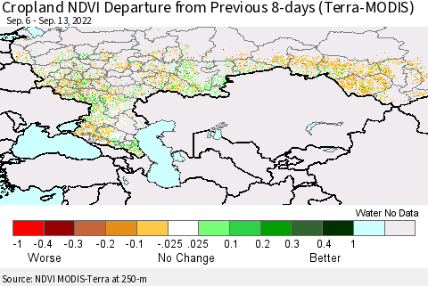 Russian Federation Cropland NDVI Departure from Previous 8-days (Terra-MODIS) Thematic Map For 9/6/2022 - 9/13/2022
