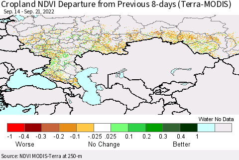 Russian Federation Cropland NDVI Departure from Previous 8-days (Terra-MODIS) Thematic Map For 9/14/2022 - 9/21/2022