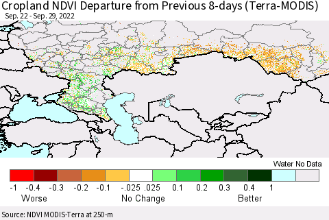 Russian Federation Cropland NDVI Departure from Previous 8-days (Terra-MODIS) Thematic Map For 9/22/2022 - 9/29/2022