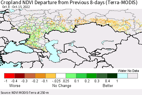 Russian Federation Cropland NDVI Departure from Previous 8-days (Terra-MODIS) Thematic Map For 10/8/2022 - 10/15/2022