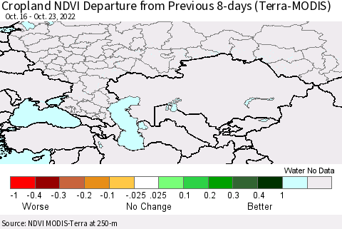Russian Federation Cropland NDVI Departure from Previous 8-days (Terra-MODIS) Thematic Map For 10/16/2022 - 10/23/2022