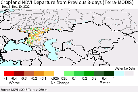 Russian Federation Cropland NDVI Departure from Previous 8-days (Terra-MODIS) Thematic Map For 12/3/2022 - 12/10/2022