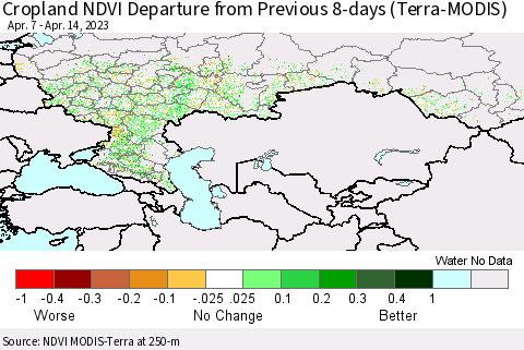 Russian Federation Cropland NDVI Departure from Previous 8-days (Terra-MODIS) Thematic Map For 4/7/2023 - 4/14/2023