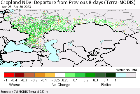 Russian Federation Cropland NDVI Departure from Previous 8-days (Terra-MODIS) Thematic Map For 4/23/2023 - 4/30/2023