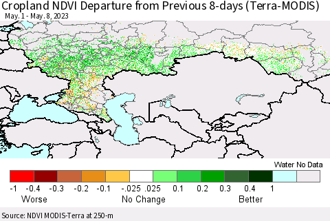 Russian Federation Cropland NDVI Departure from Previous 8-days (Terra-MODIS) Thematic Map For 5/1/2023 - 5/8/2023