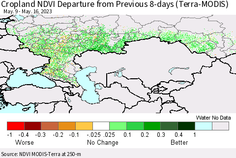 Russian Federation Cropland NDVI Departure from Previous 8-days (Terra-MODIS) Thematic Map For 5/9/2023 - 5/16/2023