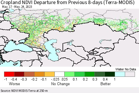 Russian Federation Cropland NDVI Departure from Previous 8-days (Terra-MODIS) Thematic Map For 5/17/2023 - 5/24/2023
