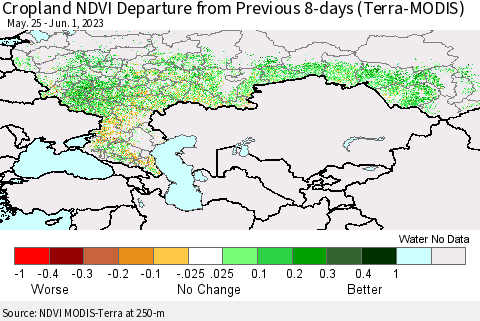Russian Federation Cropland NDVI Departure from Previous 8-days (Terra-MODIS) Thematic Map For 5/25/2023 - 6/1/2023