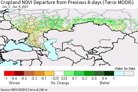 Russian Federation Cropland NDVI Departure from Previous 8-days (Terra-MODIS) Thematic Map For 6/2/2023 - 6/9/2023