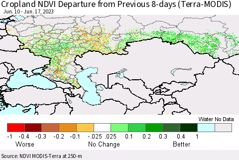 Russian Federation Cropland NDVI Departure from Previous 8-days (Terra-MODIS) Thematic Map For 6/10/2023 - 6/17/2023