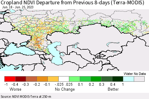 Russian Federation Cropland NDVI Departure from Previous 8-days (Terra-MODIS) Thematic Map For 6/18/2023 - 6/25/2023