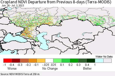 Russian Federation Cropland NDVI Departure from Previous 8-days (Terra-MODIS) Thematic Map For 6/26/2023 - 7/3/2023