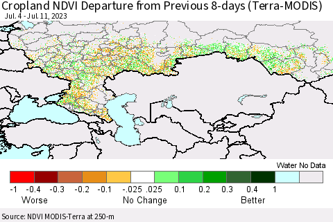 Russian Federation Cropland NDVI Departure from Previous 8-days (Terra-MODIS) Thematic Map For 7/4/2023 - 7/11/2023