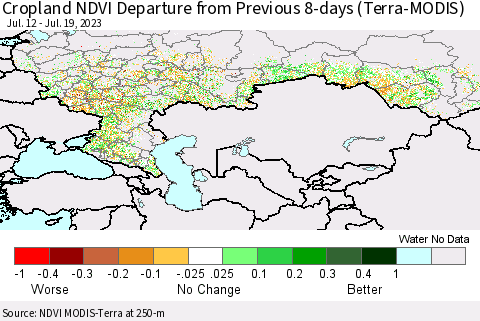 Russian Federation Cropland NDVI Departure from Previous 8-days (Terra-MODIS) Thematic Map For 7/12/2023 - 7/19/2023