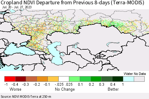 Russian Federation Cropland NDVI Departure from Previous 8-days (Terra-MODIS) Thematic Map For 7/20/2023 - 7/27/2023