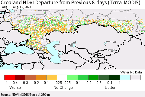 Russian Federation Cropland NDVI Departure from Previous 8-days (Terra-MODIS) Thematic Map For 8/5/2023 - 8/12/2023