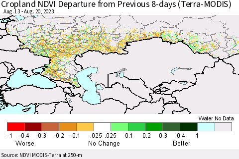 Russian Federation Cropland NDVI Departure from Previous 8-days (Terra-MODIS) Thematic Map For 8/13/2023 - 8/20/2023