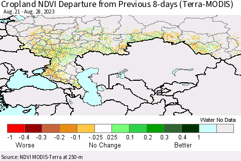 Russian Federation Cropland NDVI Departure from Previous 8-days (Terra-MODIS) Thematic Map For 8/21/2023 - 8/28/2023