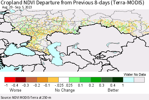Russian Federation Cropland NDVI Departure from Previous 8-days (Terra-MODIS) Thematic Map For 8/29/2023 - 9/5/2023