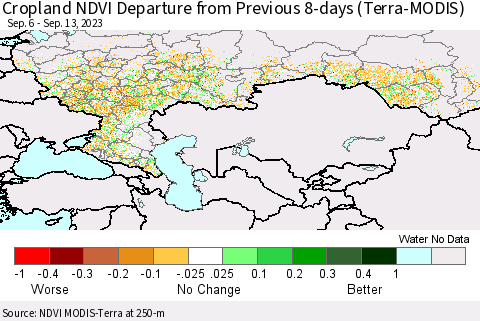Russian Federation Cropland NDVI Departure from Previous 8-days (Terra-MODIS) Thematic Map For 9/6/2023 - 9/13/2023
