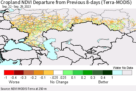 Russian Federation Cropland NDVI Departure from Previous 8-days (Terra-MODIS) Thematic Map For 9/22/2023 - 9/29/2023
