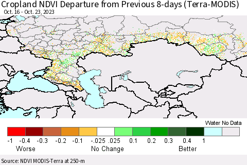 Russian Federation Cropland NDVI Departure from Previous 8-days (Terra-MODIS) Thematic Map For 10/16/2023 - 10/23/2023