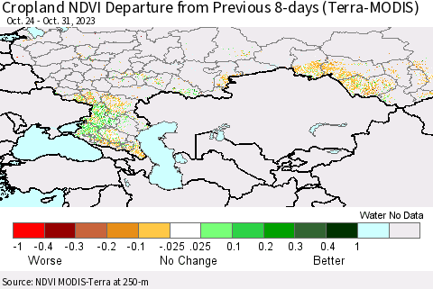 Russian Federation Cropland NDVI Departure from Previous 8-days (Terra-MODIS) Thematic Map For 10/24/2023 - 10/31/2023