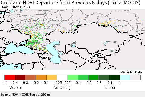 Russian Federation Cropland NDVI Departure from Previous 8-days (Terra-MODIS) Thematic Map For 11/1/2023 - 11/8/2023