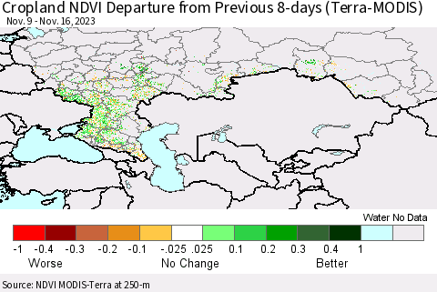 Russian Federation Cropland NDVI Departure from Previous 8-days (Terra-MODIS) Thematic Map For 11/9/2023 - 11/16/2023