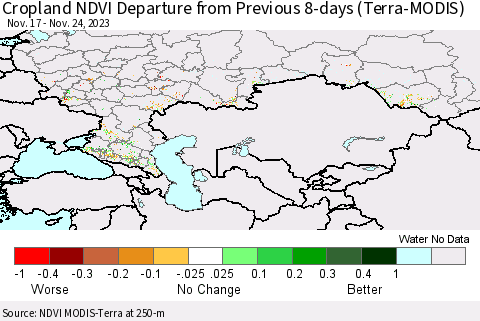 Russian Federation Cropland NDVI Departure from Previous 8-days (Terra-MODIS) Thematic Map For 11/17/2023 - 11/24/2023