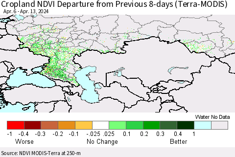 Russian Federation Cropland NDVI Departure from Previous 8-days (Terra-MODIS) Thematic Map For 4/6/2024 - 4/13/2024