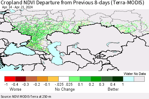 Russian Federation Cropland NDVI Departure from Previous 8-days (Terra-MODIS) Thematic Map For 4/14/2024 - 4/21/2024