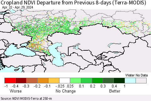 Russian Federation Cropland NDVI Departure from Previous 8-days (Terra-MODIS) Thematic Map For 4/22/2024 - 4/29/2024