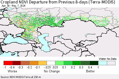 Russian Federation Cropland NDVI Departure from Previous 8-days (Terra-MODIS) Thematic Map For 4/30/2024 - 5/7/2024