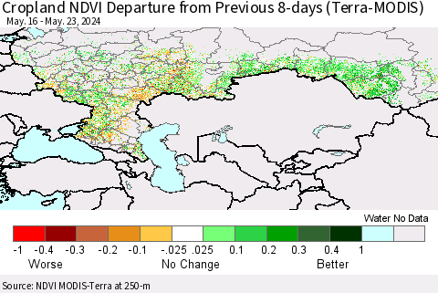 Russian Federation Cropland NDVI Departure from Previous 8-days (Terra-MODIS) Thematic Map For 5/16/2024 - 5/23/2024