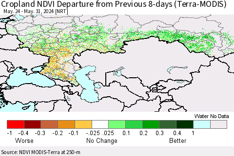 Russian Federation Cropland NDVI Departure from Previous 8-days (Terra-MODIS) Thematic Map For 5/24/2024 - 5/31/2024