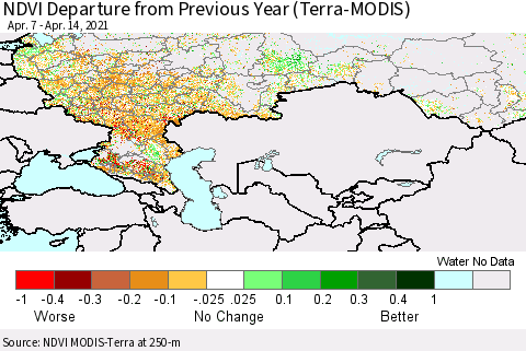 Russian Federation NDVI Departure from Previous Year (Terra-MODIS) Thematic Map For 4/7/2021 - 4/14/2021