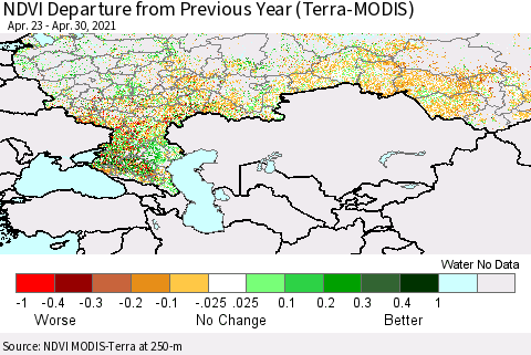 Russian Federation NDVI Departure from Previous Year (Terra-MODIS) Thematic Map For 4/23/2021 - 4/30/2021