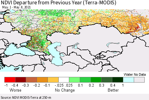 Russian Federation NDVI Departure from Previous Year (Terra-MODIS) Thematic Map For 5/1/2021 - 5/8/2021